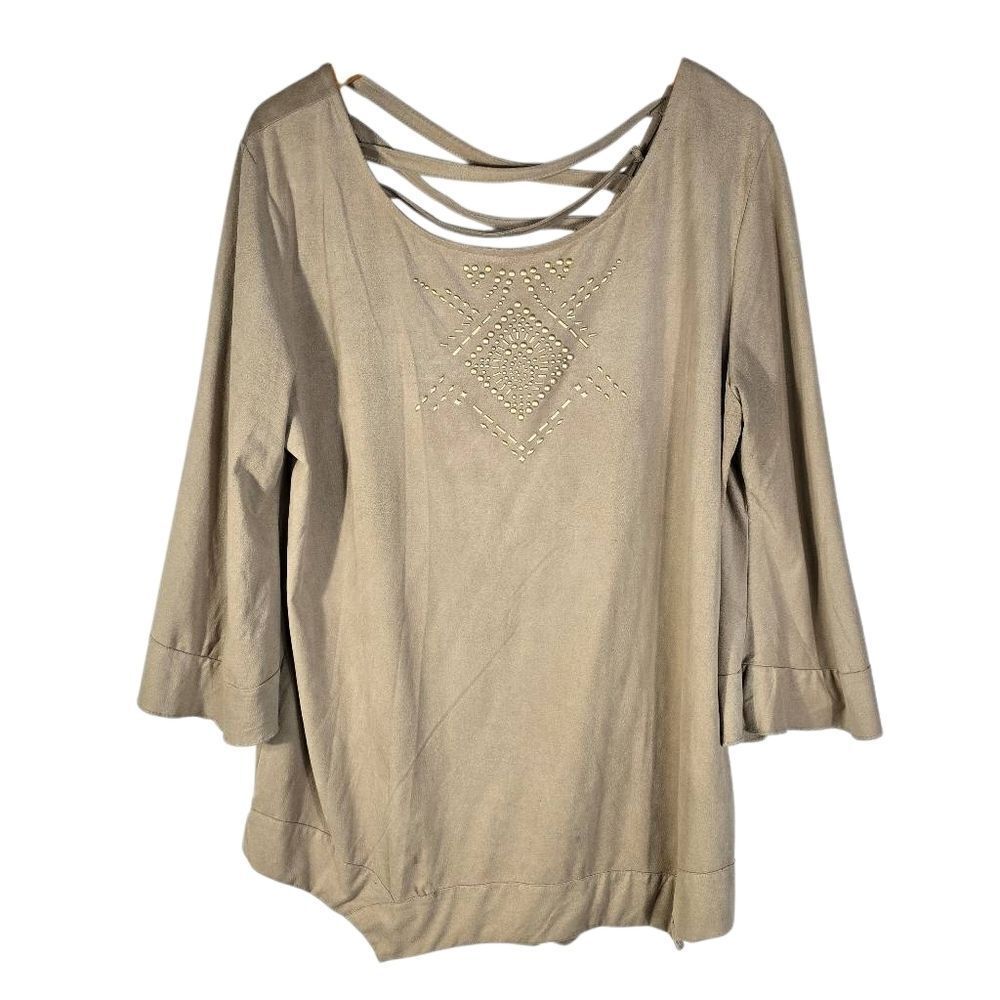 Signature Studio Tan Blouse with Embroidered Design